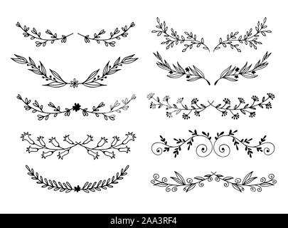 Fleurs et feuilles à la main, vector set doodle floral elements isolé sur fond blanc Illustration de Vecteur