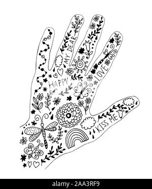 Design décoratif avec vector hand et éléments floraux, fleurs et feuilles, carte amour doodle situé dans un style dessiné à la main isolé sur fond blanc Illustration de Vecteur