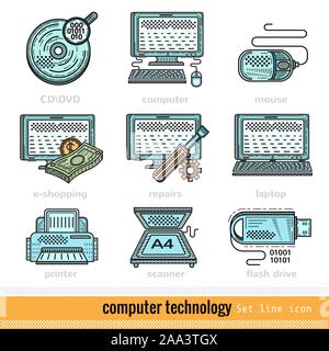 Ensemble d'ordinateur couleur Technologie Description Web Icons Illustration de Vecteur