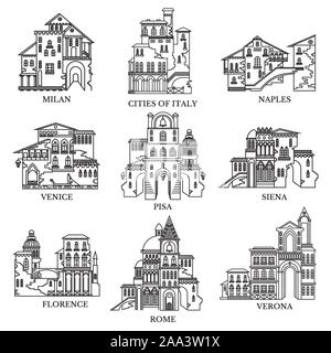 Ensemble de style différent et de l'architecture des villes de l'Italie. Ligne vectorielle des icônes pour le tourisme et la publicité web Illustration de Vecteur