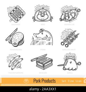 Ensemble de contours icône Web. Produits de viande de porc BBQ Grill Illustration de Vecteur