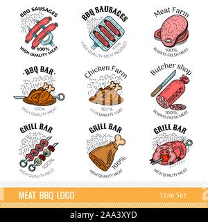 Ensemble de couleur de contour line logo. L'étiquetage de la viande ferme, grill et bar, barbecue boucherie isolated on white Illustration de Vecteur