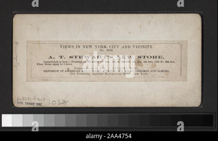 Comprend des vues par John S. Moulton, L. G. Strand, Anthony et d'autres photographes et éditeurs. Robert Dennis Collection de vues stéréoscopiques. Titre conçu par cataloger. Vues des marchés et des boutiques : variété et magasins de marchandises sèches, de l'intérieur d'un magasin de drogue, les maisons de vente aux enchères, marché de Manhattan y compris les intérieurs, les bouchers à Washington le marché, le marché sous l'East River Bridge ; comprend également des vues de Brooks Brothers, Lord & Taylor, Steinway Hall, un incendie à l'entrepôt de champ Cyrus W. et A. T. Stewart's store. Certaines vues en double. ; A.T. Stewart du nouveau magasin. Banque D'Images