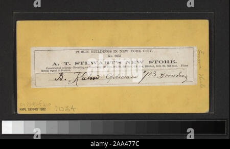Comprend des vues par John S. Moulton, L. G. Strand, Anthony et d'autres photographes et éditeurs. Robert Dennis Collection de vues stéréoscopiques. Titre conçu par cataloger. Vues des marchés et des boutiques : variété et magasins de marchandises sèches, de l'intérieur d'un magasin de drogue, les maisons de vente aux enchères, marché de Manhattan y compris les intérieurs, les bouchers à Washington le marché, le marché sous l'East River Bridge ; comprend également des vues de Brooks Brothers, Lord & Taylor, Steinway Hall, un incendie à l'entrepôt de champ Cyrus W. et A. T. Stewart's store. Certaines vues en double. ; A.T. Stewart du nouveau magasin. Banque D'Images