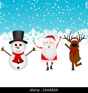 Cartoon funny santa claus, le renne et le Snowman dancing Illustration de Vecteur