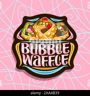 Logo Vector pour Bubble Waffle, sombre décoratif avec 3 timbres divers desserts hong kong avec ingrédients fruits assortis, panneau avec lette d'origine Illustration de Vecteur