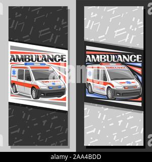 Les modèles vectoriels pour l'ambulance, les enseignes, avec van blanc avec urgence pour alarme bleu et rouge de détresse, de caractère original pour mot ambulance, signer boa Illustration de Vecteur
