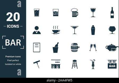 Bar - Restaurant icon set. Éléments de création : le verre, la bière, le barman, shaker, icônes de menu. Peut être utilisé pour rapport, présentation, dessin, web Illustration de Vecteur