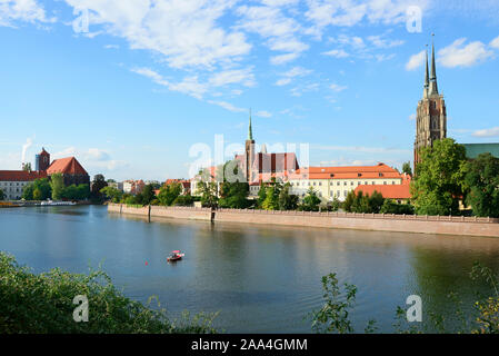 L'Ostrow Tumski (île de la cathédrale) et le fleuve Oder. Wroclaw, Pologne Banque D'Images