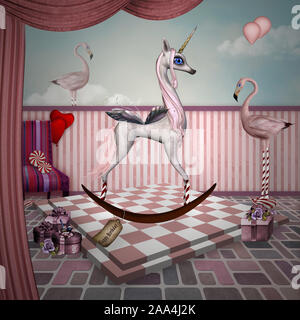 Fantasy chambre rose avec des jouets et unicorn bascule Banque D'Images
