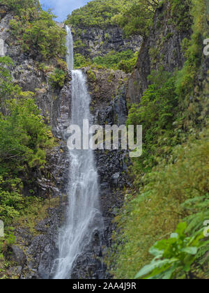 La double cascade de 25 Fontes est créé par l'eau fraîche de la forêt Laurissilva et arbre a un énorme drop off. Banque D'Images