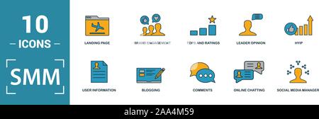 Smm icon set. Inclure des éléments de création, rédaction de contenu, l'information de l'utilisateur, la planification budgétaire, des hauts et des icônes de classification. Peut être utilisé pour rapport Illustration de Vecteur