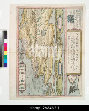 Citation/référence : Addenda Stokes, cartes, 1593-Maps-4 Cornelis de Judaeis est le géographe. De Cornelis de Judaeis, Speculum Orbis Terrae, Anvers, 1593. Citation/référence : Deák 016 ; Americae pars borealis, Floride, Baccalaos, Canada, Corterealis. Banque D'Images