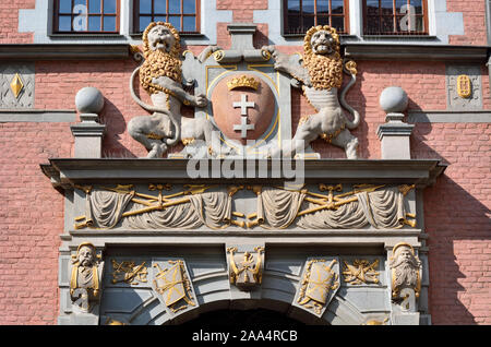 Détail d'une maison historique dans la longue Dlugi Targ, Market Street, dans la vieille ville de Gdansk. Pologne Banque D'Images