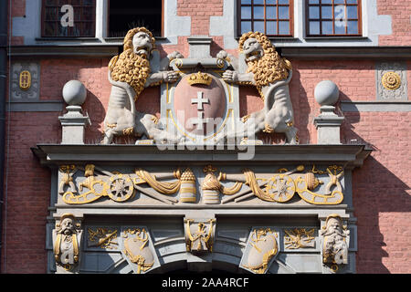 Détail d'une maison historique dans la longue Dlugi Targ, Market Street, dans la vieille ville de Gdansk. Pologne Banque D'Images