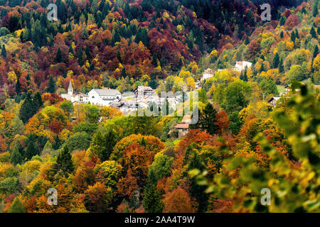 Image colorée de l'Gosaldo village de Belluno, Italie sur une claire journée d'automne, entouré d'arbres à feuillage rouge et jaune Banque D'Images