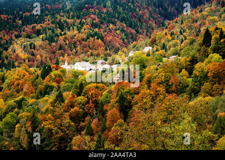 Image colorée de l'Gosaldo village de Belluno, Italie sur une claire journée d'automne, entouré d'arbres à feuillage rouge et jaune Banque D'Images