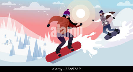 Deux jeunes filles heureux du snowboard sur un jour froid en hiver les montagnes enneigées. Télévision vector illustration. Banque D'Images