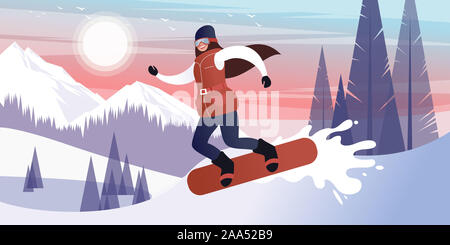 Happy young girl planche sur un jour froid en hiver les montagnes enneigées boisées. Télévision vector illustration. Banque D'Images