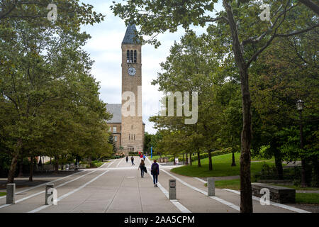 Ithaca, New York, septembre 1, 2019 : Les élèves de marche sur l'allée principale menant à McGraw Tour de l'horloge, l'Université de Cornell. Banque D'Images