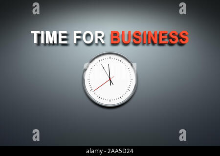 Eine Uhr simple grauem vor der Hintergrund, ueber die Worte 'Time for Business' stehen Banque D'Images