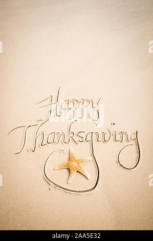 Joyeux Thanksgiving message avec étoile de décoration à la main sur la plage de sable lisse copy space Banque D'Images