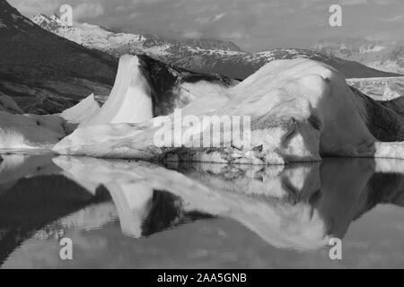 Photo en noir et blanc d'icebergs flottant dans la Knik Glacier lagon, les montagnes Chugach, Alaska Banque D'Images