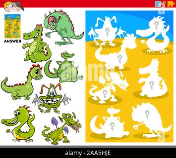 Cartoon Illustration d'objets de correspondance et la bonne forme ou Silhouette avec caractères Dragons jeu éducatif pour les enfants Illustration de Vecteur