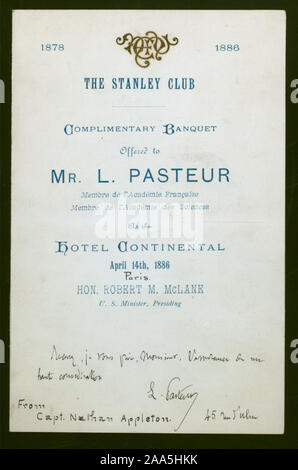 NOTE MANUSCRITE PAR LE CAPT. NATHAN APPLETON PEUT-ÊTRE CONCERNANT L'INVITATION,français, programme musical énumérés ; BANQUET POUR L. PASTEUR [détenus par] LA STANLEY CLUB [at] HÔTEL CONTINENTAL,[PARIS] (Hotel) Banque D'Images