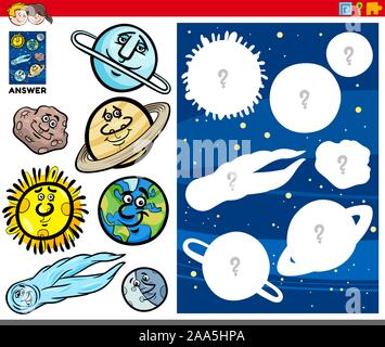 Cartoon Illustration d'objets de correspondance et la bonne forme ou Silhouette aux corps célestes jeu éducatif pour les enfants Illustration de Vecteur