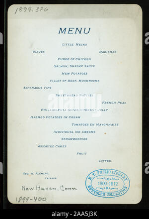 Des menus UTILISÉS COMME PLACE CARD ; Ville célèbre PAR FNB ; BANQUET DE CÉLÉBRATION DE LA PREMIÈRE INAUGURATION DE WASHINGTON [lieu] par colonie HISTORICAL SOCIETY [at] NEW HAVEN, CT (AUTRES (club privé ?) ;) Banque D'Images