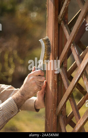 Travaux de rénovation dans le jardin. Un homme nettoie les planches du banc de jardin par une brosse métallique. Enlever de la vieille peinture. Banque D'Images