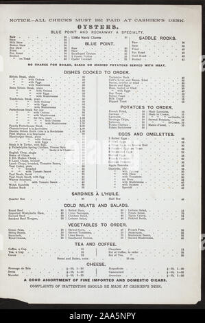 Promotions DU JOUR AJOUTÉ DANS CE QUI SEMBLE D'ABORD ÊTRE DACTYLOGRAPHIÉS EN STYLE TYPE DE LAVANDE ; très vaste carte des vins à prix d'une spécialité en belles vieilles noires ; INSÉRER DES TISSUS 2-FIN MOTIF ORIENTAL SERVIETTES EN PAPIER ? Placez-MATS ?-UN EST INSCRIT I.A. TUSKA, 55 ; LOI DE FARE [détenus par] JOHN DOSCHER RESTAURANT [at] NEW YORK, NEW YORK (reste) ; Banque D'Images