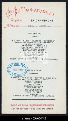 MENU EN FRANÇAIS ET ANGLAIS ; illustrations en couleur (annonces) pour BÉNÉDICTINE LIQUEUR, CIE GLE TRANSLANTIQUE, ET L'HÔTEL CONTINENTAL, PARIS ; d'autres annonces ; 1900-0611 ; PETIT-DÉJEUNER [détenus par] CIE GLE TRANSATLANTIQUE [at] SS LA CHAMPAGNE (SS) ; Banque D'Images