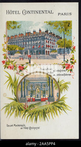 MENU EN FRANÇAIS ET ANGLAIS ; illustrations en couleur (annonces) pour BÉNÉDICTINE LIQUEUR, CIE GLE TRANSLANTIQUE, ET L'HÔTEL CONTINENTAL, PARIS ; d'autres annonces ; 1900-0611 ; PETIT-DÉJEUNER [détenus par] CIE GLE TRANSATLANTIQUE [at] SS LA CHAMPAGNE (SS) ; Banque D'Images