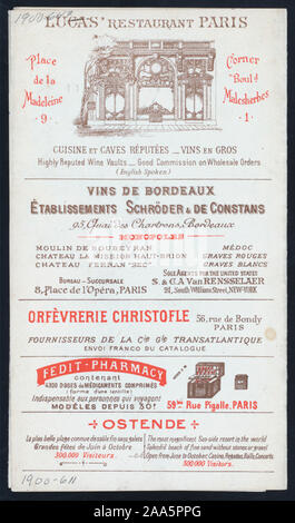 MENU EN FRANÇAIS ET ANGLAIS ; illustrations en couleur (annonces) pour BÉNÉDICTINE LIQUEUR, CIE GLE TRANSLANTIQUE, ET L'HÔTEL CONTINENTAL, PARIS ; d'autres annonces ; 1900-0611 ; PETIT-DÉJEUNER [détenus par] CIE GLE TRANSATLANTIQUE [at] SS LA CHAMPAGNE (SS) ; Banque D'Images