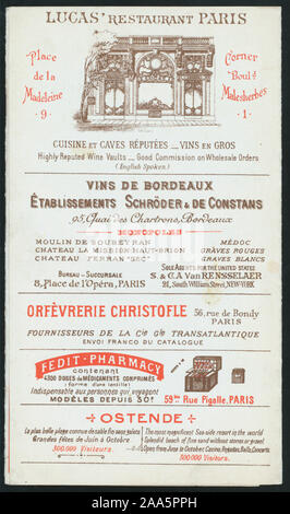 MENU EN FRANÇAIS ET ANGLAIS ; illustrations en couleur (annonces) pour BÉNÉDICTINE LIQUEUR, CIE GLE TRANSLANTIQUE, ET L'HÔTEL CONTINENTAL, PARIS ; d'autres annonces ; 1900-0612 ; PETIT-DÉJEUNER [détenus par] CIE GLE TRANSATLANTIQUE [at] SS LA CHAMPAGNE (SS) ; Banque D'Images