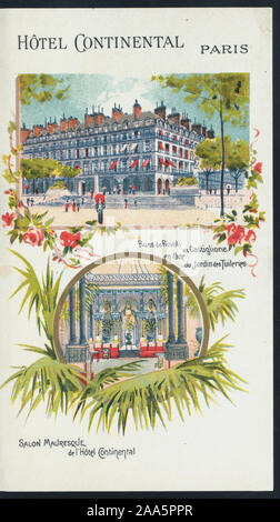 MENU EN FRANÇAIS ET ANGLAIS ; illustrations en couleur (annonces) pour BÉNÉDICTINE LIQUEUR, CIE GLE TRANSLANTIQUE, ET L'HÔTEL CONTINENTAL, PARIS ; d'autres annonces ; 1900-0612 ; PETIT-DÉJEUNER [détenus par] CIE GLE TRANSATLANTIQUE [at] SS LA CHAMPAGNE (SS) ; Banque D'Images