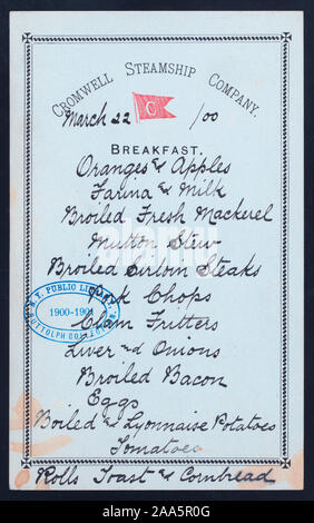 Manuscrit À L'ENCRE NOIRE ; STEAMSHIP COMPANY DRAPEAU EN HAUT DU MENU ; bordure décorative ; PETIT-DÉJEUNER [détenus par] CROMWELLL STEAMSHIP COMPANY [at] (SS) ; Banque D'Images