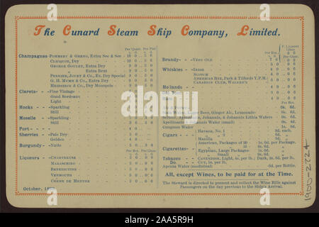 STEAMSHIP LINE LOGO EN HAUT DU MENU ; vin, spiritueux et PRIX LISTE DU TABAC À L'ARRIÈRE DU MENU ; 1900-2724 ; PETIT-DÉJEUNER [lieu] par [at] CUNARD R.M.S. LUCANIA (SS) ; Banque D'Images