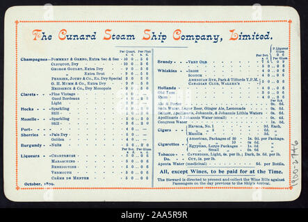 Pavillon des navires à vapeur EN HAUT DU MENU ; vin, spiritueux et PRIX LISTE DU TABAC SUR LE CÔTÉ OPPOSÉ ; 1900-2746 ; PETIT-DÉJEUNER [lieu] par [at] CUNARD R.M.S. LUCANIA (SS) ; Banque D'Images