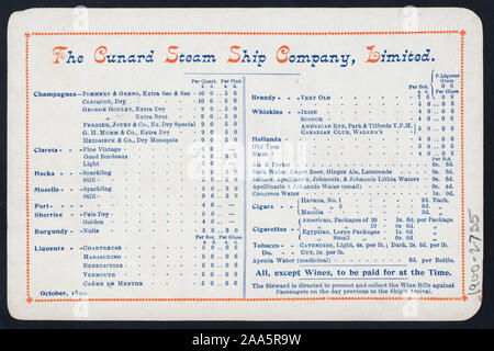 LOGO DE NAVIRES À VAPEUR EN HAUT DU MENU ; PRIX DU VIN, l'alcool, DU TABAC LISTE SUR L'ARRIÈRE DU MENU ; 1900-2735 ; PETIT-DÉJEUNER [lieu] par [at] CUNARD R.M.S. LUCANIA (SS) ; Banque D'Images