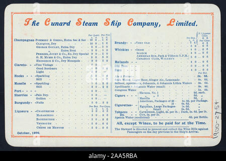 STEAMSHIP COMPANY DRAPEAU EN HAUT DU MENU ; PRIX DU VIN, l'alcool, DU TABAC LISTE SUR L'ARRIÈRE DU MENU ; 1900-2754 ; PETIT-DÉJEUNER [lieu] par [at] CUNARD R.M.S. LUCANIA (SS) ; Banque D'Images