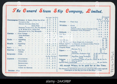 Pavillon des navires à vapeur EN HAUT DU MENU ; vin, spiritueux et PRIX LISTE DU TABAC À L'ARRIÈRE DU MENU ; 1900-2961 ; PETIT-DÉJEUNER [lieu] par [at] CUNARD R.M.S. LUNCANIA (SS) ; Banque D'Images