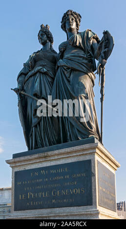 La Suisse, Genève, Jardin Anglais (Jardin anglais), monument commémoratif de Genève de se joindre à la Confédération suisse en 1814 Banque D'Images