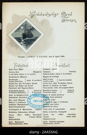 Allemand/Anglais ; différentes illustrations ; PETIT-DÉJEUNER [détenus par la NORDDEUTSCHER LLOYD BREMEN] [at] Konigin Luise (SS) ; Banque D'Images