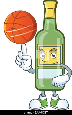 Cartoon bouteille de whisky avec caractères holding basketball Illustration de Vecteur