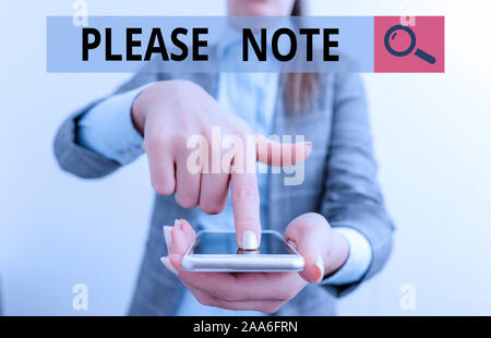 Écrit remarque montrant Veuillez prendre note. Concept d'affaires de façon formelle pour diriger montrant s est l'attention sur certains points d'information avec la Fing Banque D'Images