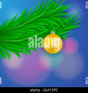 Carte de voeux nouvel an vecteur avec branches vertes sur l'épinette bleue floue fond couleur. Illustration réaliste de Joyeux Noël ballon d'or Illustration de Vecteur