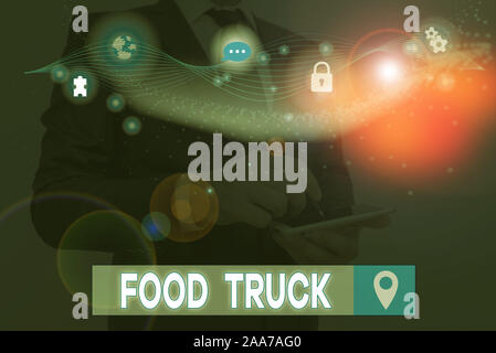 Signe texte montrant camion alimentaire. Photo d'un grand texte véhicule avec équipements pour la cuisson et la vente d'aliments Banque D'Images